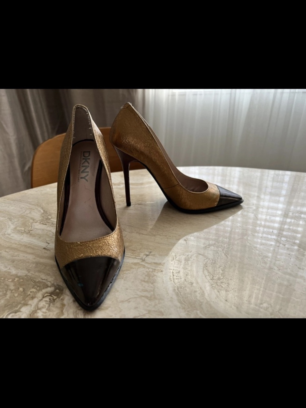 DKNY Gold and Black Pointed-Toe Stiletto Pumps - Patent Cap Toe